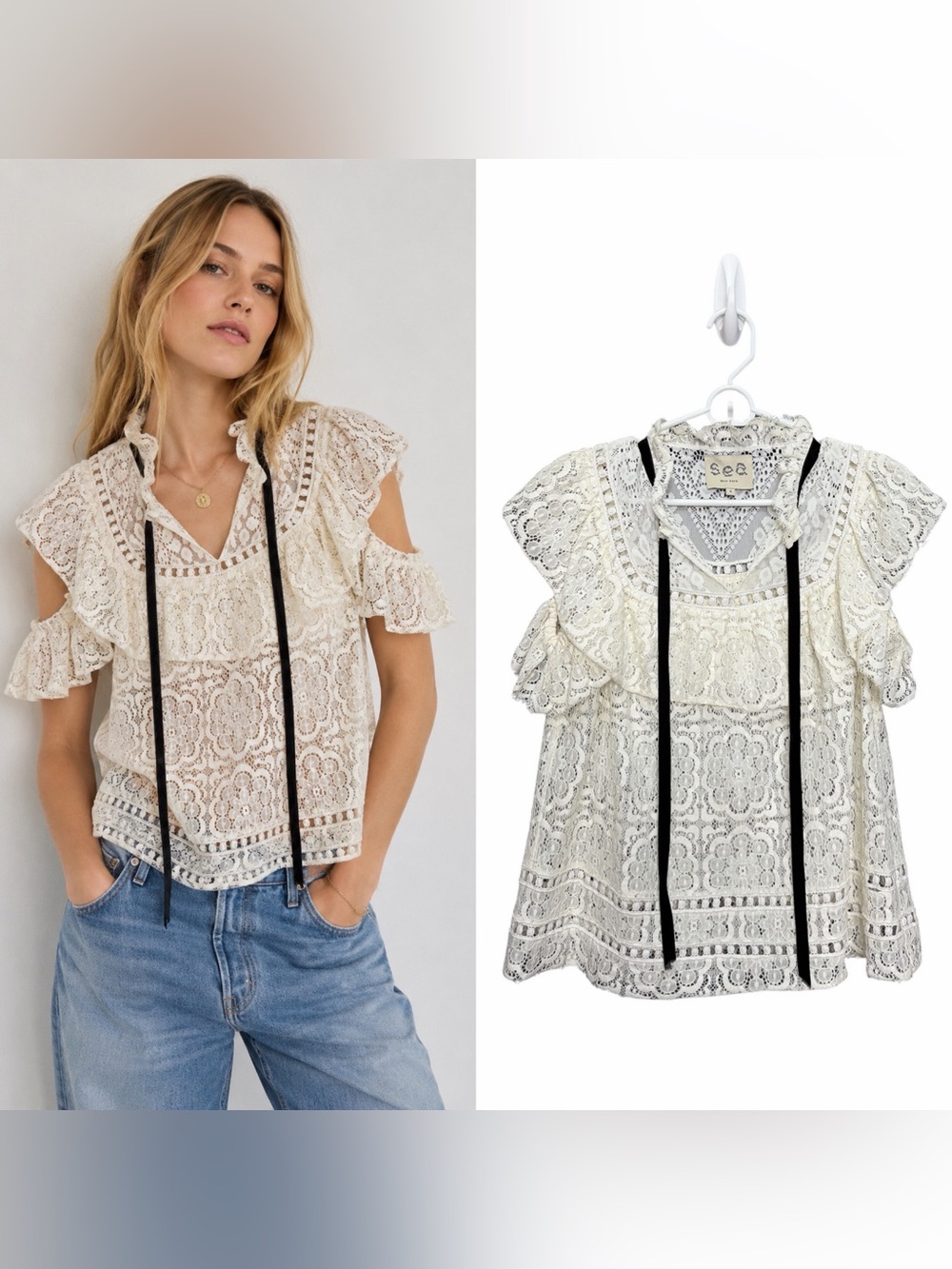 Sea New York Cream Double Ruffle Sleeve Lace Top Women's 6